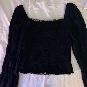 Black gold trim blouse with puff sleeves